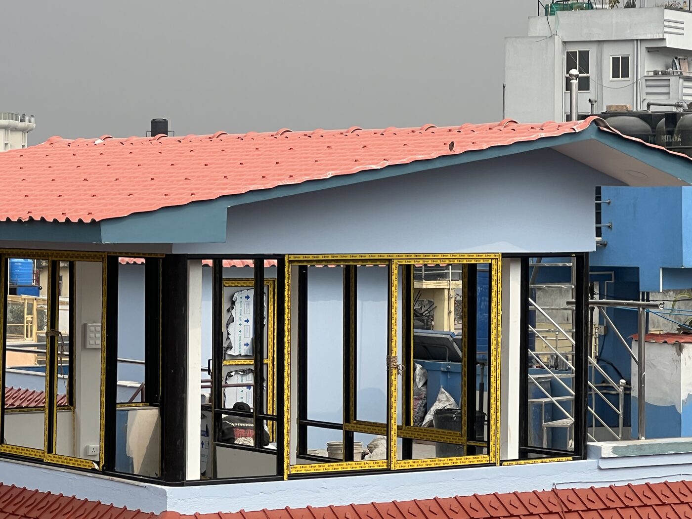 Finished room addition with tiled roof